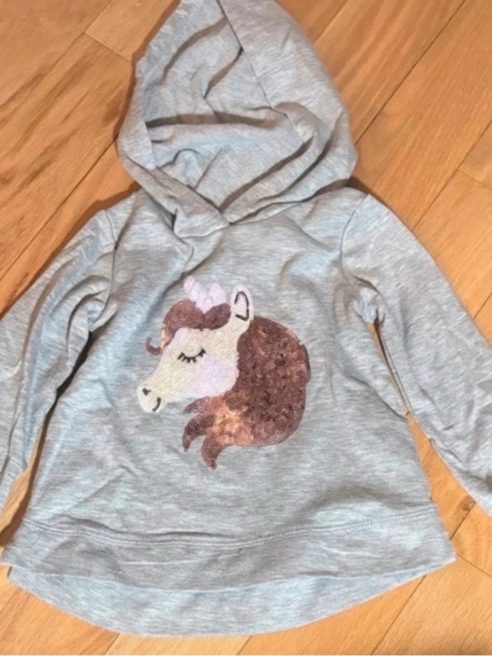 Btween Girls' Light Gray Hoodie Top with Sequin Unicorn